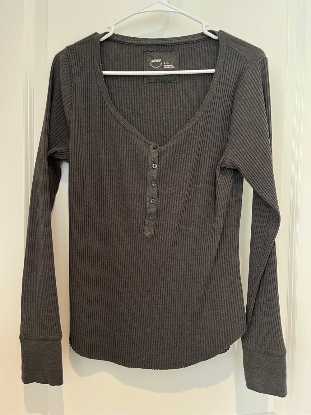 aerie Charcoal Ribbed Henley Long-Sleeve Top